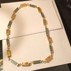 Vintage Nephrite Jade Necklace – Green Jade Beads, Gold tone Accents